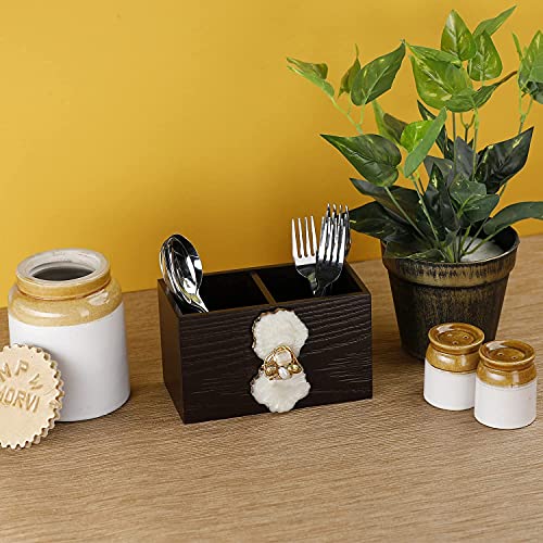Image of COCKTAIL Fancy Wooden MDF Spoon Holder, Cutlery Stand for Dining Table, Chammach Stand, Multifunctional organizer Stand for Kitchen, Tableware Storage Box, 2 Section, Brown (M-Agate)