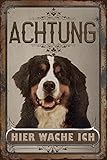 Warnschild - ACHTUNG - Hier wache ich! - Alu-Dibond Schild - wetterfest - 30 x 20 cm Vorsicht, Warnung Hund, Berner Sennenhund