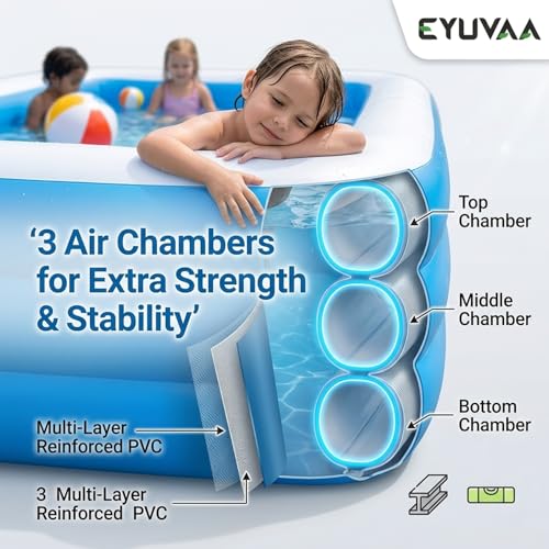 Image of EYUVAA LABEL Rectangular Inflatable Pool for Kids & Toddlers Extra-Large 8.5 Feet 3 Air Chamber Pool Backyard Water Play Summer Fun Durable Child-Safe PVC Quick Inflate & Portable Outdoor Pool