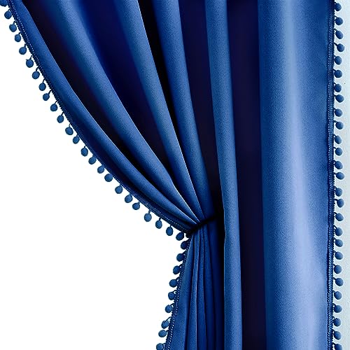 Abstractex Pom Pom Royal Blue Blackout Curtains for Bedroom 90 inch Length Energy Saving Thermal Drapes for Living Room Eyelet Window Treatment Curtain Sets for Men Boys Guest Room 54" W 2 Panels - Image 2
