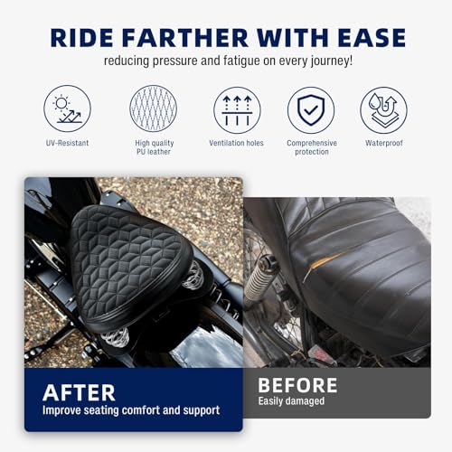 Image of DREAMIZER Motorcycle Seat Cushion Driver Solo Seats with Spring Bracket PU Leather Compatible with Harley Honda Yamaha Kawasaki Sportster Iron 883 1200 Chopper Bobber Cafe Racer-Rhombic Breathable