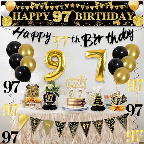 Image of 97th Birthday Decorations for Men, Black Gold 97th Party Decorations | 27pcs Happy 97th Birthdays Set: Banner, Honeycomb, Balloons, Gold Number, Candle, Hanging Swirls, Cake Topper, Party Supplies