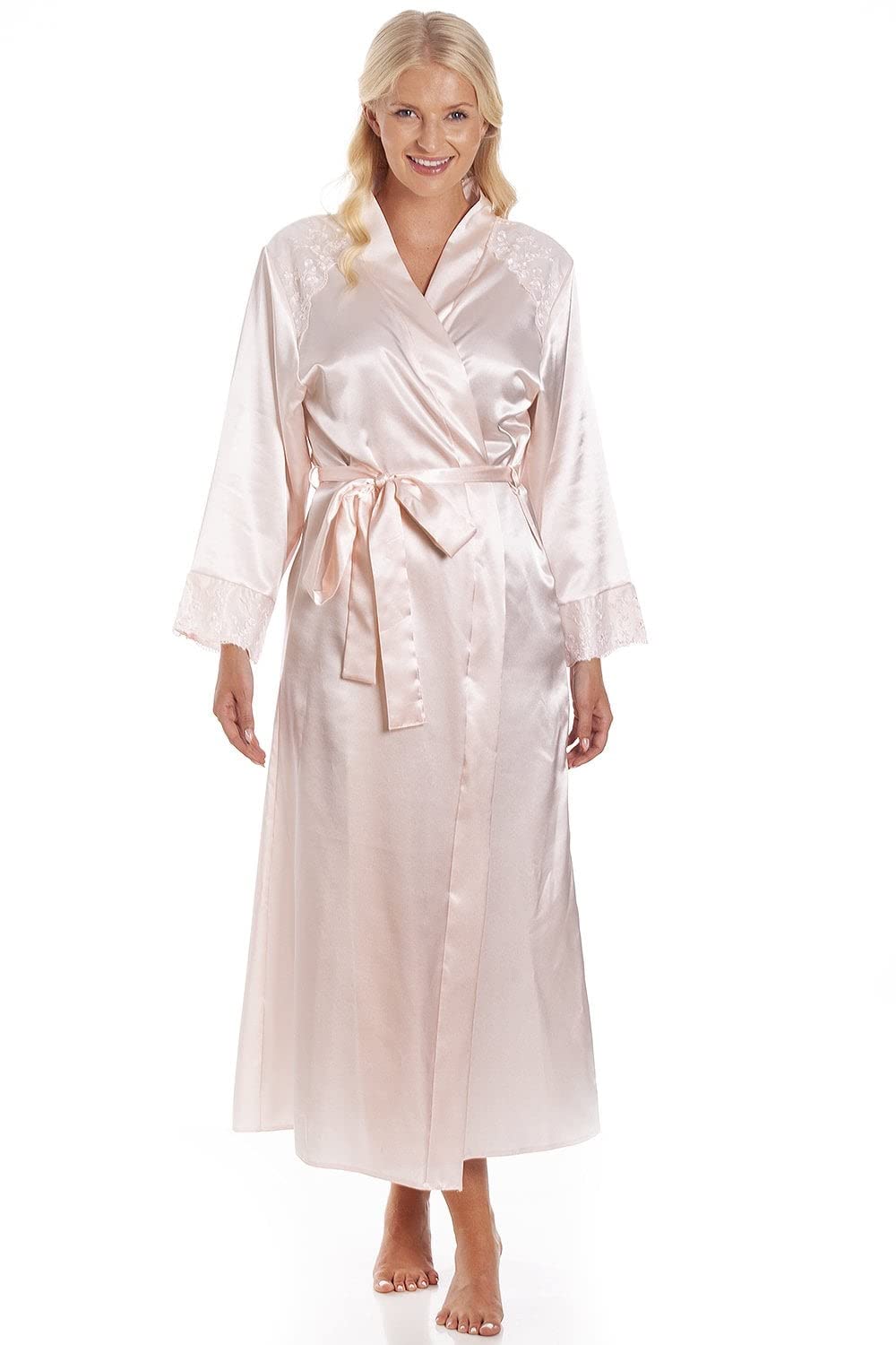 Camille Women's Peach Luxury Smooth Satin Long Wraps - Lightweight & Breathable Dressing Gown With Tie Belt Fastening 14-16