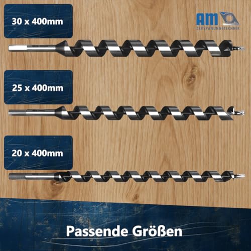AM-Zerspanungstechnik Schlangenbohrer Set Ø20, 25 & 30 x 400mm | Holzbohrer Set 3tlg. | Holzspiralbohrer lang | Balkenbohrer