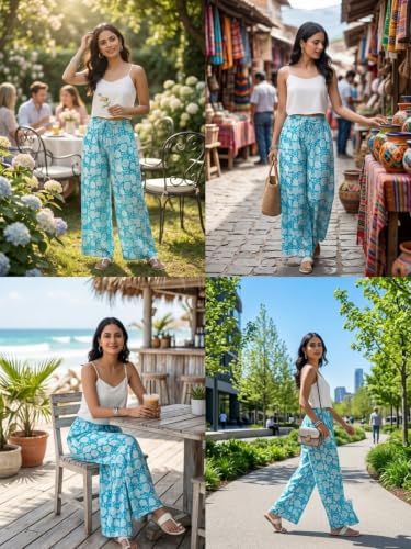 Image of GRECIILOOKS Boho Printed Wide Leg Palazzo Pants for Women, Flowing High Waist Rayon Trousers for Beach, Vacation, Lounge, and Summer Style