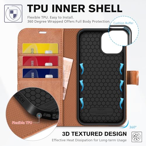 Image of TUCCH Wallet Case for iPhone 13 (6.1 inch) 2021, 3 Card Slots, Light Brown | RFID Blocking, Viewing Stand, Shockproof TPU Shell, PU Leather, Magnetic Closure, Protective Folio Flip Cover