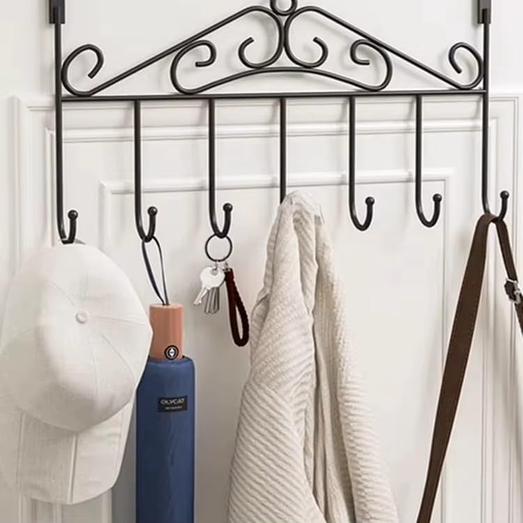 Over The Door Hook Rack 6 Hooks Heavy Duty Metal Door Hanger Organizer for Clothes Towels Bags Coat Space Saving Bathroom Bedroom Kitchen Storage Black-image-27