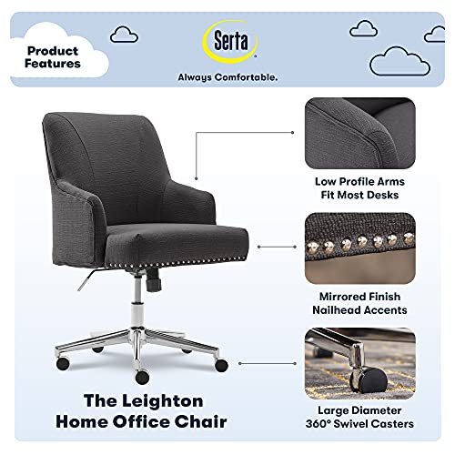 Serta Leighton Home Office Chair With Memory Foam, Height-Adjustable Desk Accent Chair With Chrome-Finished Stainless-Steel Base, Twill Fabric, Dark Gray #TOP3