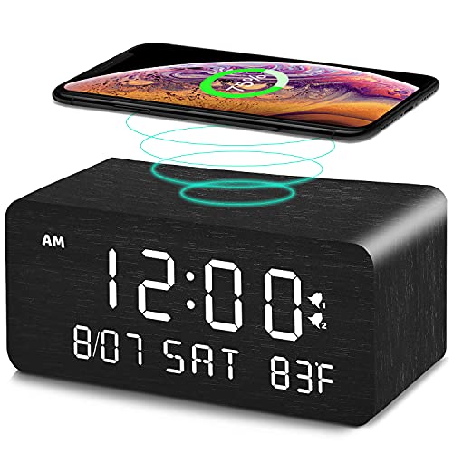 Andoolex Wooden Digital Alarm Clock with Wireless Charging, 0100