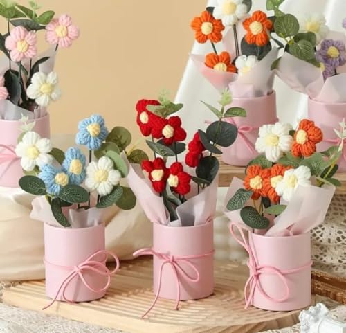 Image of Artificial Crochet Flower Bouquet /Artificial Flowers Bunch /Crochet Flowers Bouquet /Crochet Flowers /Flowers Bouquet Gift for Girls Home Decor (Red)
