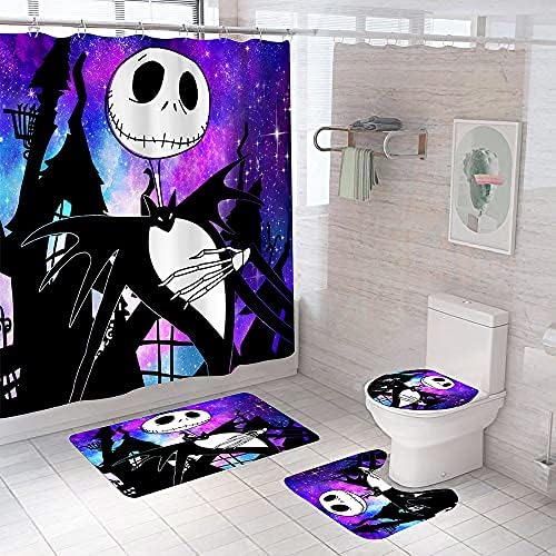DDQTOUCH 4 PCS Nightmare Before Christmas Bathroom Set with Shower Curtain and Rugs, Halloween Jack Skellington and Sally Shower Curtain Bathroom Decor Set with 12 Hooks (Color-6)