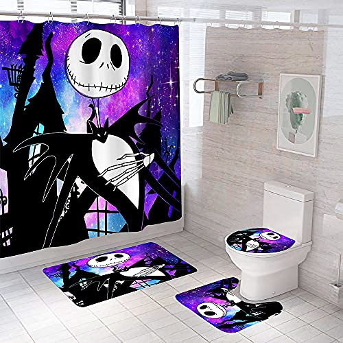 Ddqtouch 4 Pcs Nightmare Before Christmas Bathroom Set With Shower Curtain And Rugs, Halloween Jack Skellington And Sally Shower Curtain Bathroom Decor Set With 12 Hooks (Color-6) #TOP3