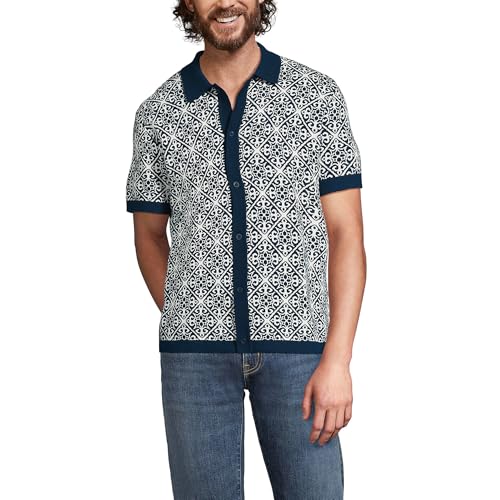 Lands' End Men's Short Sleeve Tile Jacquard Button Down Sweater Polo