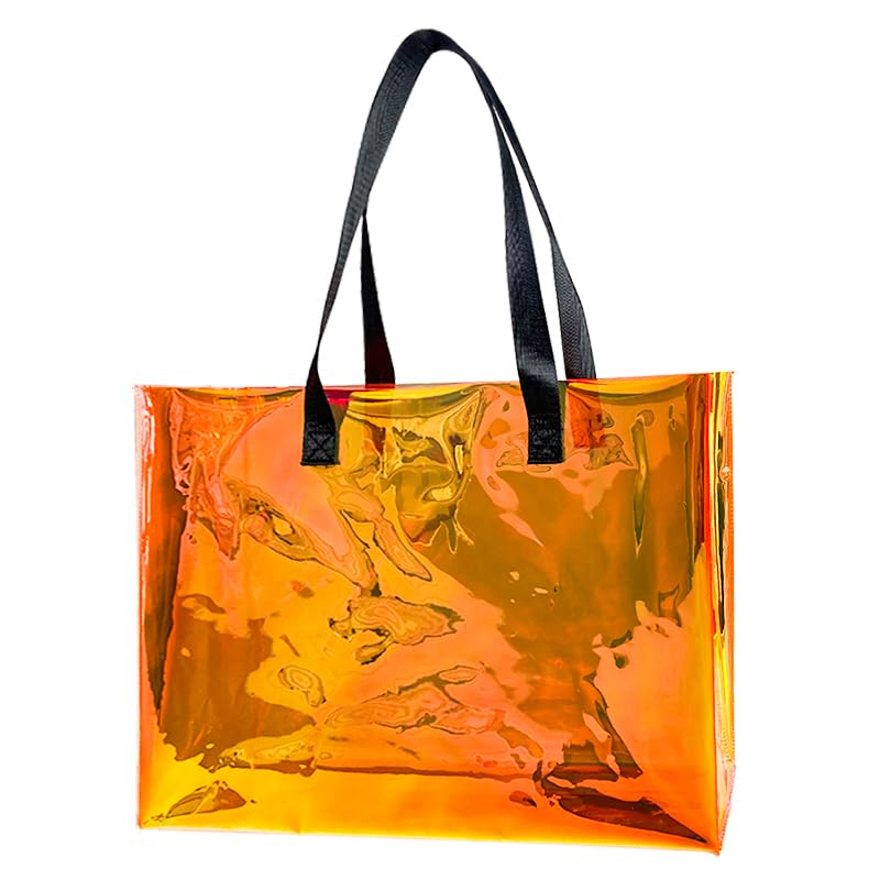 TotePrint Stadium Approved Orange Large Clear Tote Bag Holographic Clear PVC Shoulder Handbag with Handle for Concert Stadium (Orange)