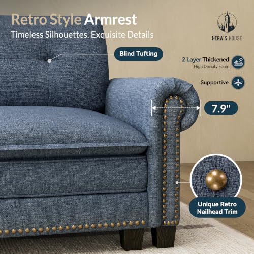 Image of HERA'S HOUSE 116 inch Oversized U Shaped Modular Sectional Couch Living Room | Mid-Century Modern 5-Seater Cloud Sofa, Blue, Rolled Arms & Nailhead Trim, Wider & Deeper Seats, Ottoman, Linen