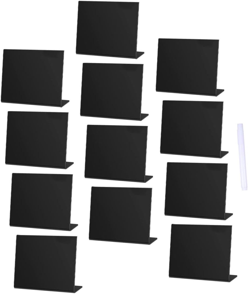 Acrylic Desktop Message Blackboard, 12pcs Small Creative Chalkboards with Black Surface and 1 White Chalk Pen, Decorative Table Memo Boards for Wedding Party and Home Décor