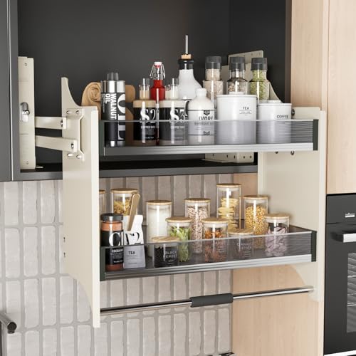 jkxoo Pull Down Heavy Duty Shelf Organizer for Kitchen Upper Cabinet, 2-Tier Pull Down Cabinet Organizer, Adjustable Width of 22-24 Inch, White