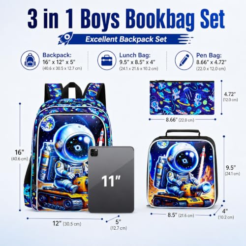 Image of WZLVO 3PCS Astronaut Bookbag for Boys, 16 inch Cool UV Printing Kids Backpack /School Bag with Lunch Box & Pencil Bag for Preschool to Elementary - Astronaut Driving a Yellow Tank