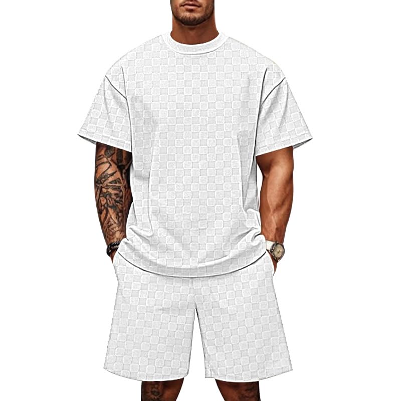 Men's 2 Piece Set Summer Outfits Casual Geometric Texture Short Sleeve Shirt and Shorts Track Suits for Men Set
