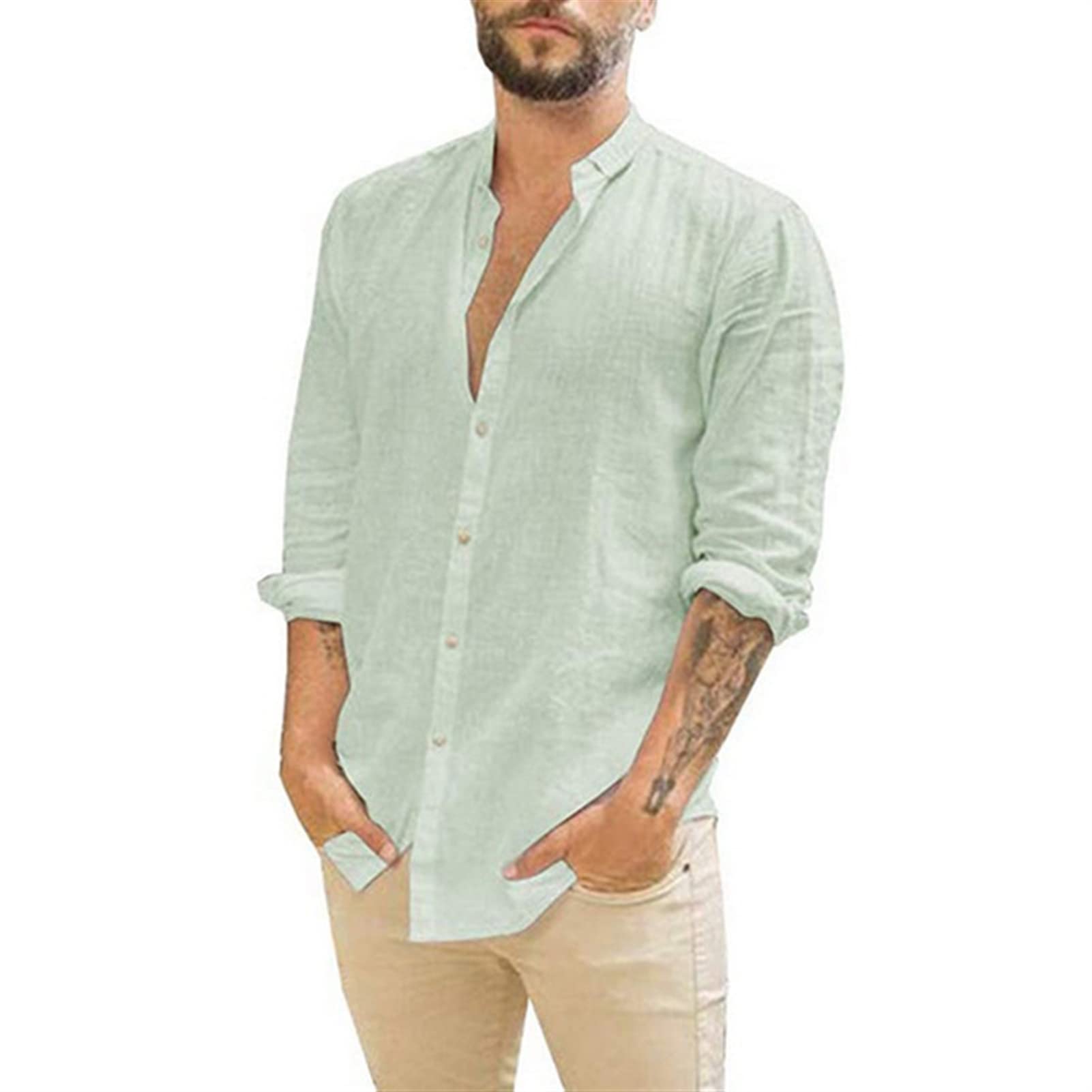 GIBZ Hombres Camisas de Lino Color sólido Casual Stand Collar Button Down Camisas