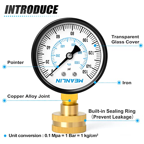 Image of MEANLIN MEASURE 0-150psi Water Pressure Gauge,3 /4 inch Female 2.5 inch FACE DIAL Water Pressure Test Gauge with Sealing Ring, Water Pressure Gauge for Home