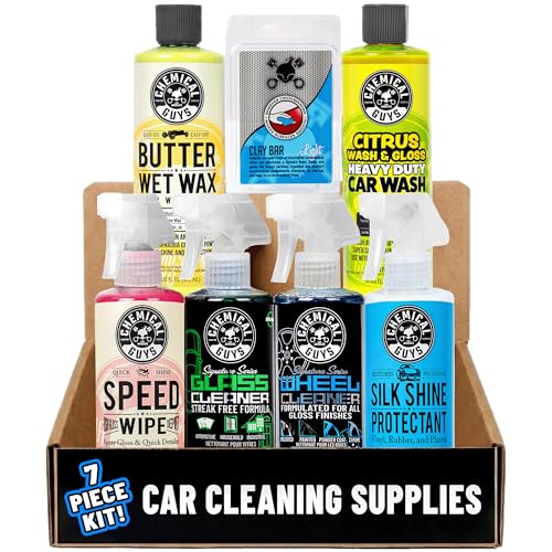 Chemical Guys Starter Car Care & Cleaning Kit, 7-Piece Detailing Car Wash Kit with 6 Premium 16 oz Care Chemicals and Accessories for Washing, Waxing, and Interior Cleaning