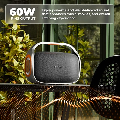 Image of ZEBRONICS 2026 Launch 60W Bluetooth Speaker, Upto 6Hrs Playback, Dual 78mm Drivers, Dual Passive Radiators, Multicolor LED Light, TWS, BT v5.3, USB, AUX, Type-C (Sound Feast 270, Silver & Orange)