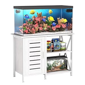 40-50 Gallon Fish Tank Stand, Aquarium Stand with Cabinet Accessories Storage, Heavy Duty Metal Frame, 40.55″ L*18.89″ W Tabletop, 850LBS Capacity, White PG02YGW