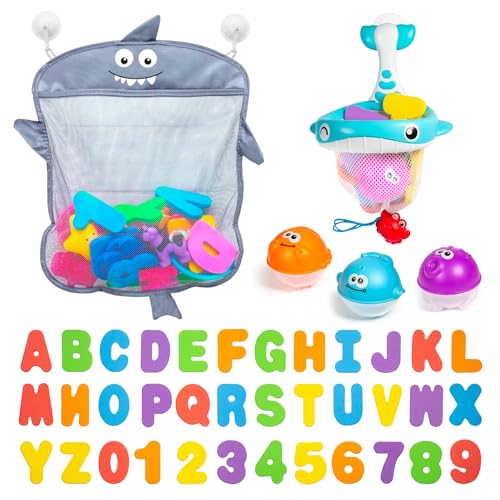 Image of Comfylife Baby Bath Toy Organizer - Bath Toy Storage for Shower - Bathtub Toy Organizer Includes Foam Bath Toys (Numbers & Letters & Squirty Toys) + Extra Net That Doubles as a Toy