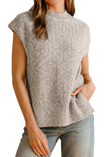 Arach&Cloz 2025 Women's Fashion Summer Fall Cotton Blend Cap Sleeve Sweater Vest Knit Side Slit Mock Neck Sleeveless Foraml Tops Cute Casual Trendy Clothes Teacher Outfits Clothing Khaki Grey L