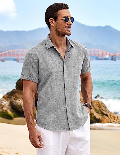 Image of COOFANDY Men's Linen Shirts Short Sleeve Casual Shirts Button Down Shirt for Men Beach Summer Wedding Shirt