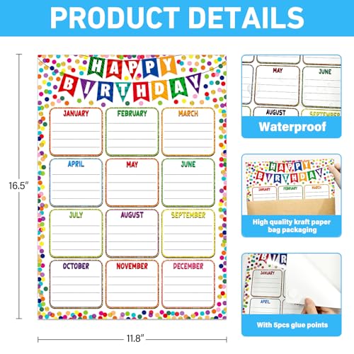 Image of GMEMNOV Birthday Chart for Classroom - Confetti Birthday Poster Calendar Reusable Laminated Classroom Happy Birth day Chart Bulletin Board Decorations Back to School Teacher Supplies