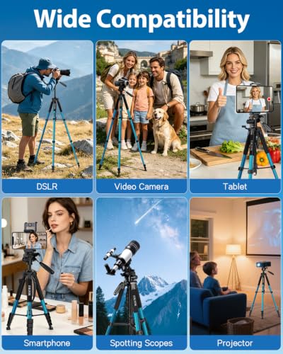 Image of 75 inch Heavy Duty Camera Tripod Stand - Max Load 15LB, Aluminum Travel Tripod for DSLR /Phone /Tablet /Projector, 3-Way Pan Head & Quick Release Plate, Compact Foldable Design (Blue)