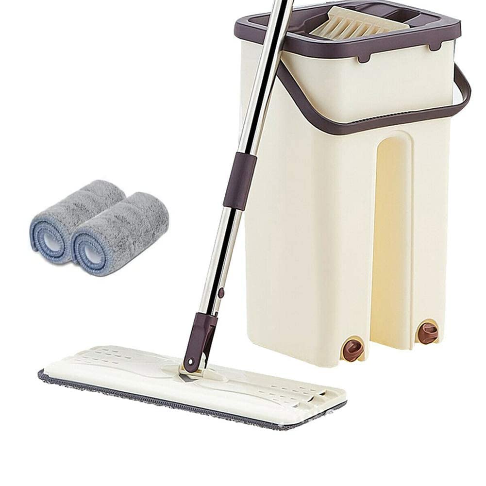ZELTREX Heavy Quality Floor Mop with Bucket, Flat Squeeze Mop Bucket System Cleaning Supplies 360° Flexible Mop Head/2 Reusable Pads Home Floor Cleaner In-Wash (BUCKET MOP C)