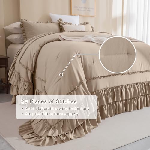 Image of QSH 3PCs Light Taupe Oversized California King Ruffled Bed Comforter Set 128x120, Farmhouse Vintage Chic Comforter French Country Shabby Comforter Soft Microfiber Fluffy Bedding Set