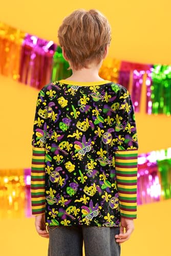 Image of Unisex Kids St Patrick's Mardi Gras Stripe Patchwork Long Sleeve Carnival Shirt 4-14 Years