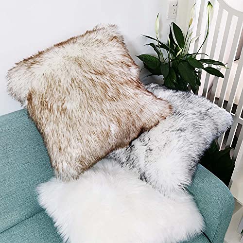 Hola Fiesta 2 Fluffy Throw Pillow Cover Covered By White And Top Brown Long Hair For Couch Sofa Bed Decoration In Bedroom Or Livingroom,18 X 18 Inch Cushion Cover #TOP4