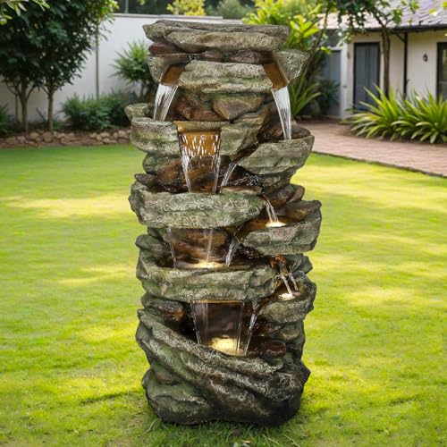 Image of SunJet 59 inch High Multi-Tiers Cascading Rock Outdoor Water Fountain with LED Lights - Large Outdoor Fountains and Waterfalls for Garden or Patio, Yard, and Deck Decor, Featuring Natural Stone Look