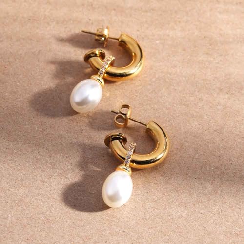 Image of PALMONAS Aurora Pearl Hoops for Women - Waterproof & Anti-Tarnish