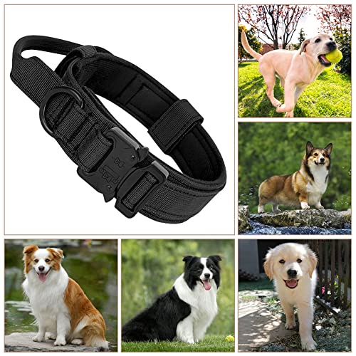 Ledeak Verstellbares Taktisches Hundehalsband mit Steuergriff, Militär-Nylon mit Metallschnalle für mittelgroße und große Hunde (L, Schwarz)