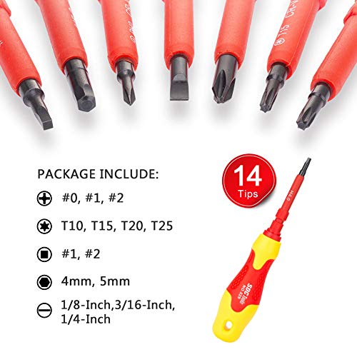 SDC Magnetic Screwdriver Set, Insulated Multi Screw Driver Kit, with 14 Ultra-Strong Interchangeable Tips (3 Phillips, 3 Slotted, 4 Torx, 2 Square, 2 Hex)