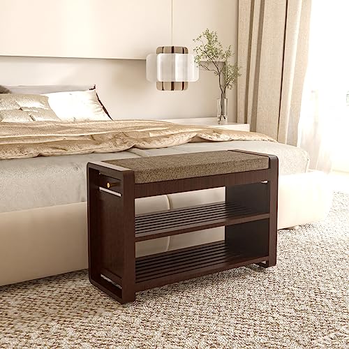 Nurtudis Shoe Rack Bench Entryway, Bamboo Shoe Storage Stool With Removable Cushion, 2-Tier Entryway Shoe Organizer Shelf With Side Drawer & Hooks For Entryway, Living Room, Bedroom, Bathroom(Medium) #TOP4