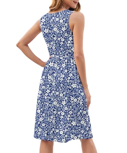 Image of KUOTAI Womens Summer Dresses Sleeveless Casual Loose Swing Button Down Midi Dress V-Neck Flowy A-Line Sundress(Blue Flor, X-Large)