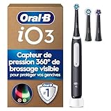 Oral-B Brosse A Dents Electrique iO 3 Noire, 3 Modes De Nettoyage Dont Blancheur, Brossage Silencieux, Capteur De Pression, 3 Brossettes De Rechange Oral B, Embouts Ronds, Chargeur, En Carton
