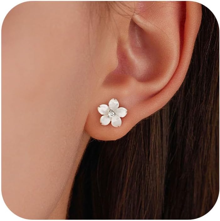 Valentines Day Gifts Shell Pearl Flower Stud Earrings for Women 925 Sterling Silver Hypoallergenic Cute Floral CZ Earring to Daughter Mom Dainty Hibiscus Earring Birthday Wedding Jewelry Gift