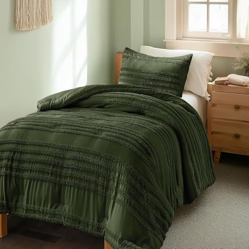 Image of BEDELITE Boho Twin /Twin XL Comforter Set,Olive Green Tufted Striped Bed Set 2 Pieces, Soft Vintage Farmhouse Comforter for College, Boho Home Dorm Decor, Fluffy Jacquard Bedding with 1 Pillow Sham