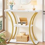 Hoctieon 3 Tier Console Table with Open Wood Shelves, Decorative Entryway Table with Curved Metal Frames, Narrow Sofa Table for Entrance, Living Room, Hallway, Gold and White Marbled