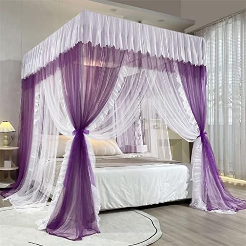 Yutaidec Princess 4 Corners Post Mosquito Net for Girls Women Kids Adults & Boys Luxury Ruffle Double-Layer Cozy Drape Netting Bed Canopy for Bed Room Decoration (Purple, Full)