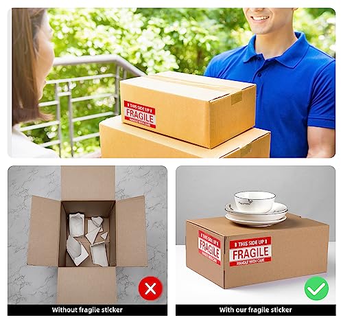 Image of 3 x 5 Inch Handle with Care This Side Up 500 Permanent Adhesive Fragile Stickers for Shipping Moving Glass Labels (1 Roll, 500 Labels)