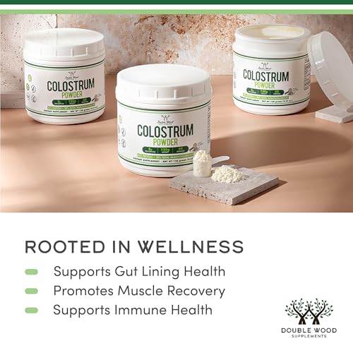 Double Wood Supplements Bovine Colostrum Powder for Women and Men, for Gut Health, Skin & Hair, Immune Support (120 Grams, 60 Day Supply - Standardized to 30% Total Immunoglobulins and 60% Protein)